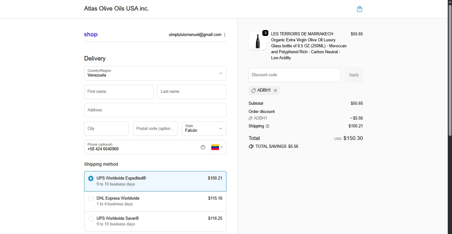 Atlas Olive Oils promo code screenshot showing code ADBH1 applied at Atlas Olive Oils checkout page. Uploaded by SimplyCodes community member MagnificentTiger8908 on Nov 25, 2025