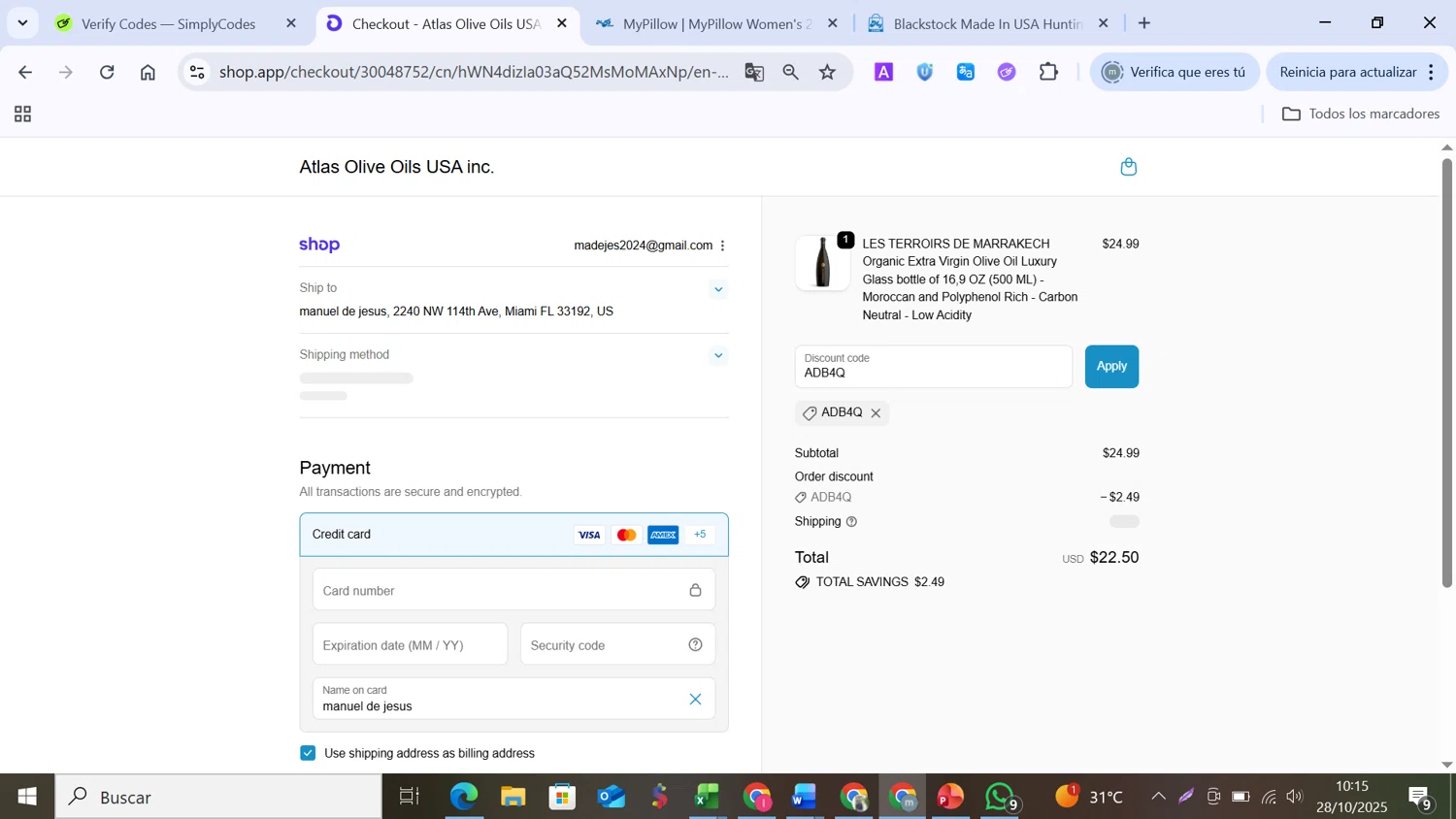 Atlas Olive Oils promo code screenshot showing code ADB4Q applied at Atlas Olive Oils checkout page. Uploaded by SimplyCodes community member MANUELURBINA on Oct 28, 2025