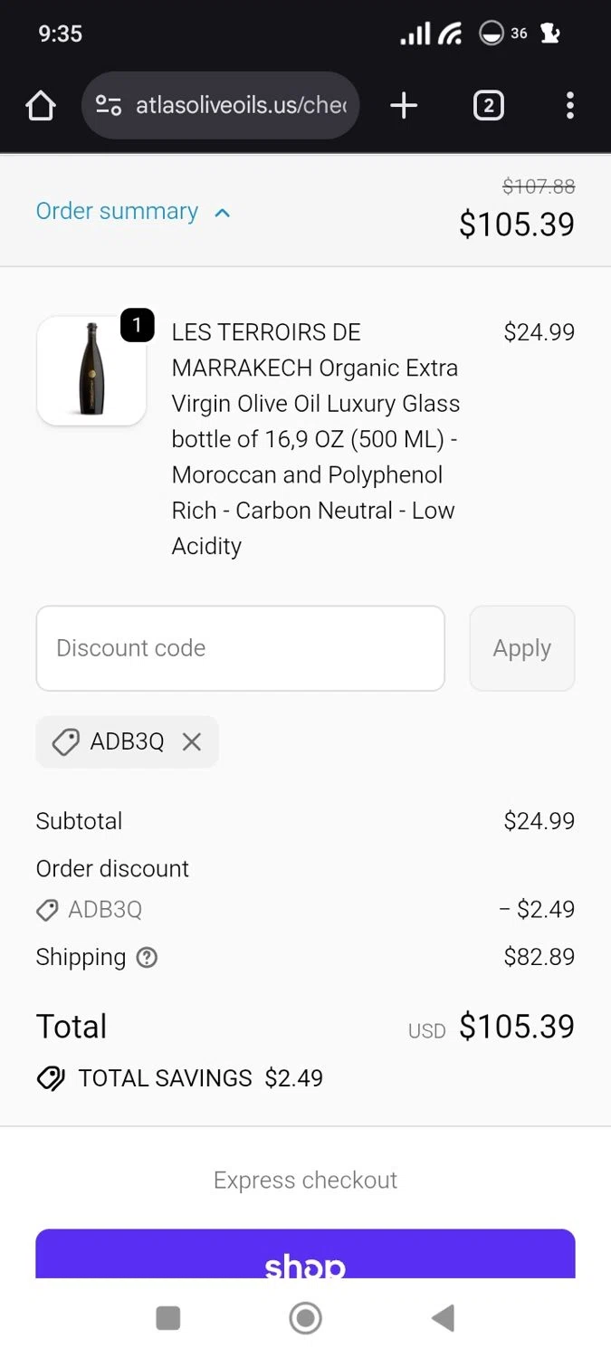 Atlas Olive Oils promo code screenshot showing code ADB3Q applied at Atlas Olive Oils checkout page. Uploaded by SimplyCodes community member Original01 on Oct 28, 2025