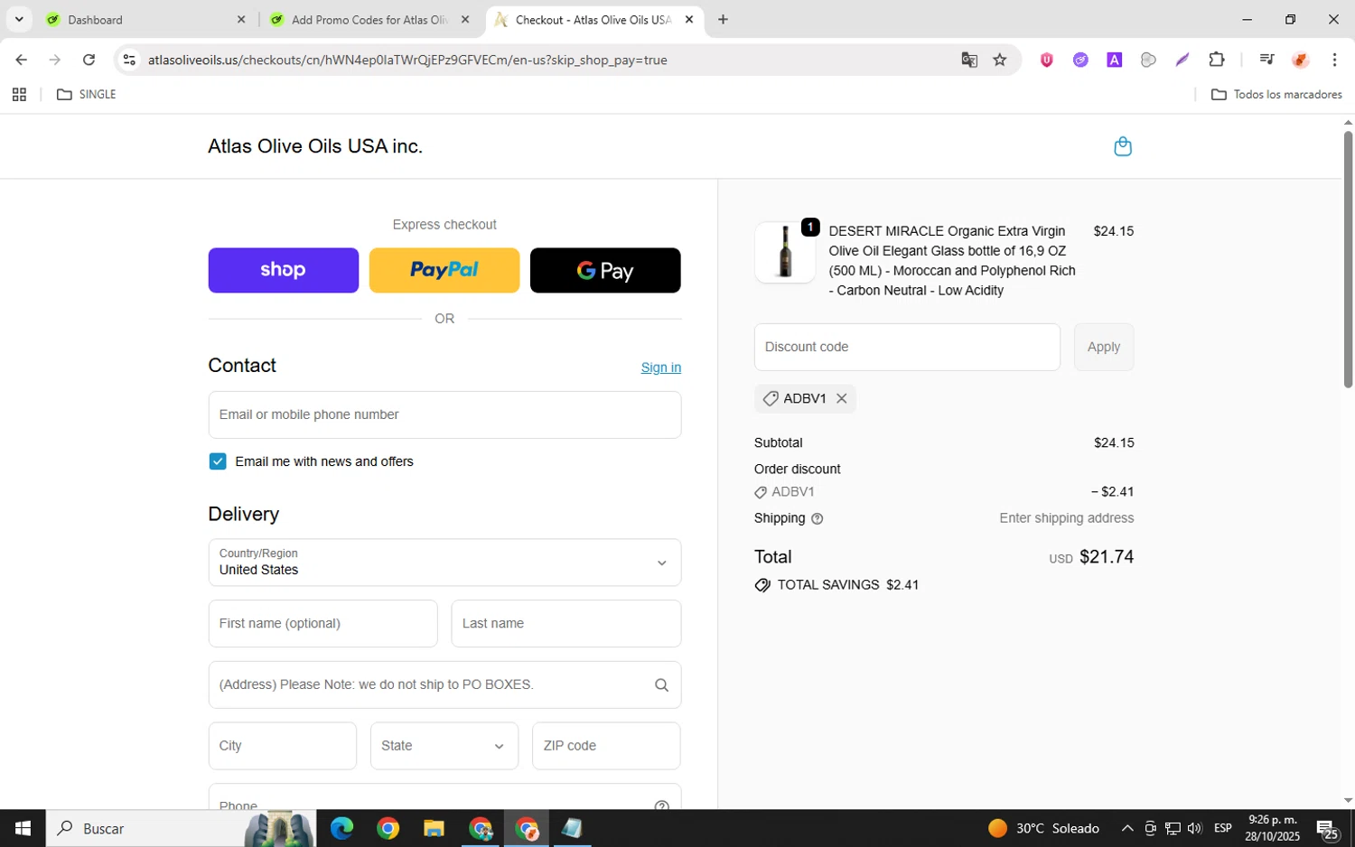 Atlas Olive Oils promo code screenshot showing code ADBV1 applied at Atlas Olive Oils checkout page. Uploaded by SimplyCodes community member chemozavala on Oct 29, 2025