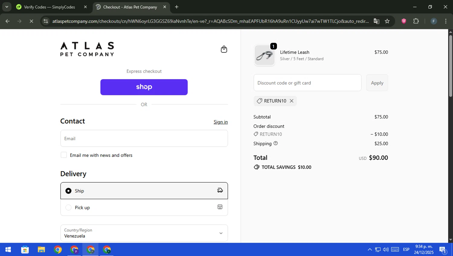 Atlas Pet Company discount code screenshot showing code RETURN10 applied at Atlas Pet Company checkout page. Uploaded by SimplyCodes community member pajarito on Dec 25, 2025