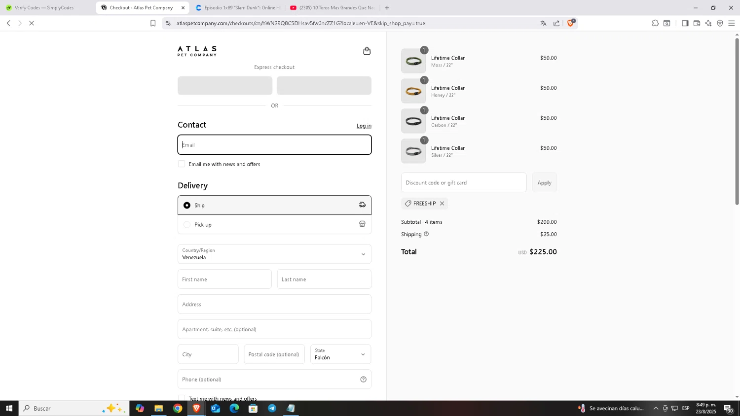 Atlas Pet Company discount code screenshot showing code FREESHIP applied at Atlas Pet Company checkout page. Uploaded by SimplyCodes community member Carloscoder_900457733 on Aug 24, 2025