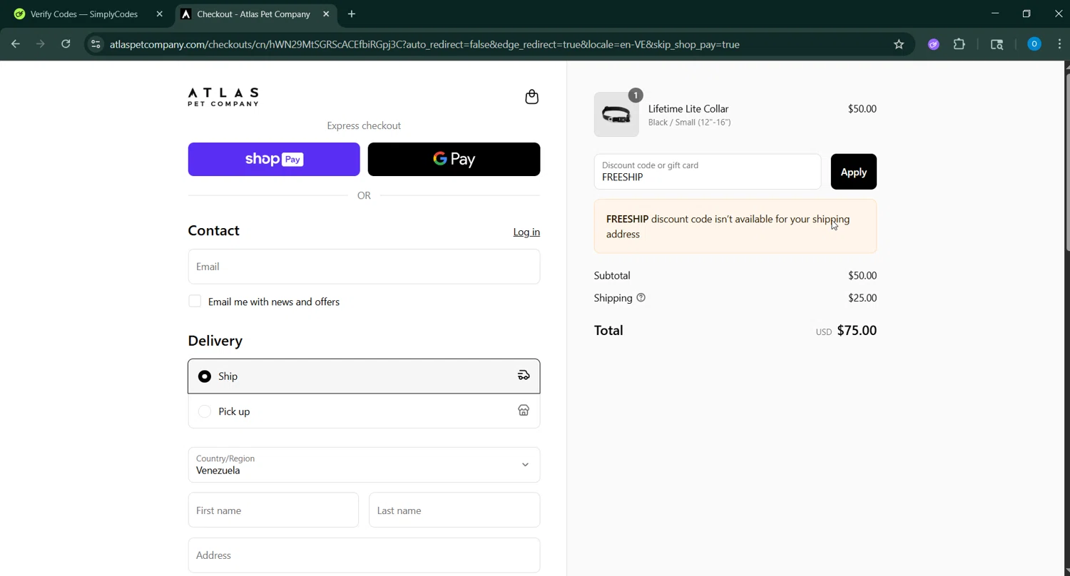 Atlas Pet Company discount code screenshot showing code FREESHIP applied at Atlas Pet Company checkout page. Uploaded by SimplyCodes community member GoldChaser6627 on Aug 24, 2025