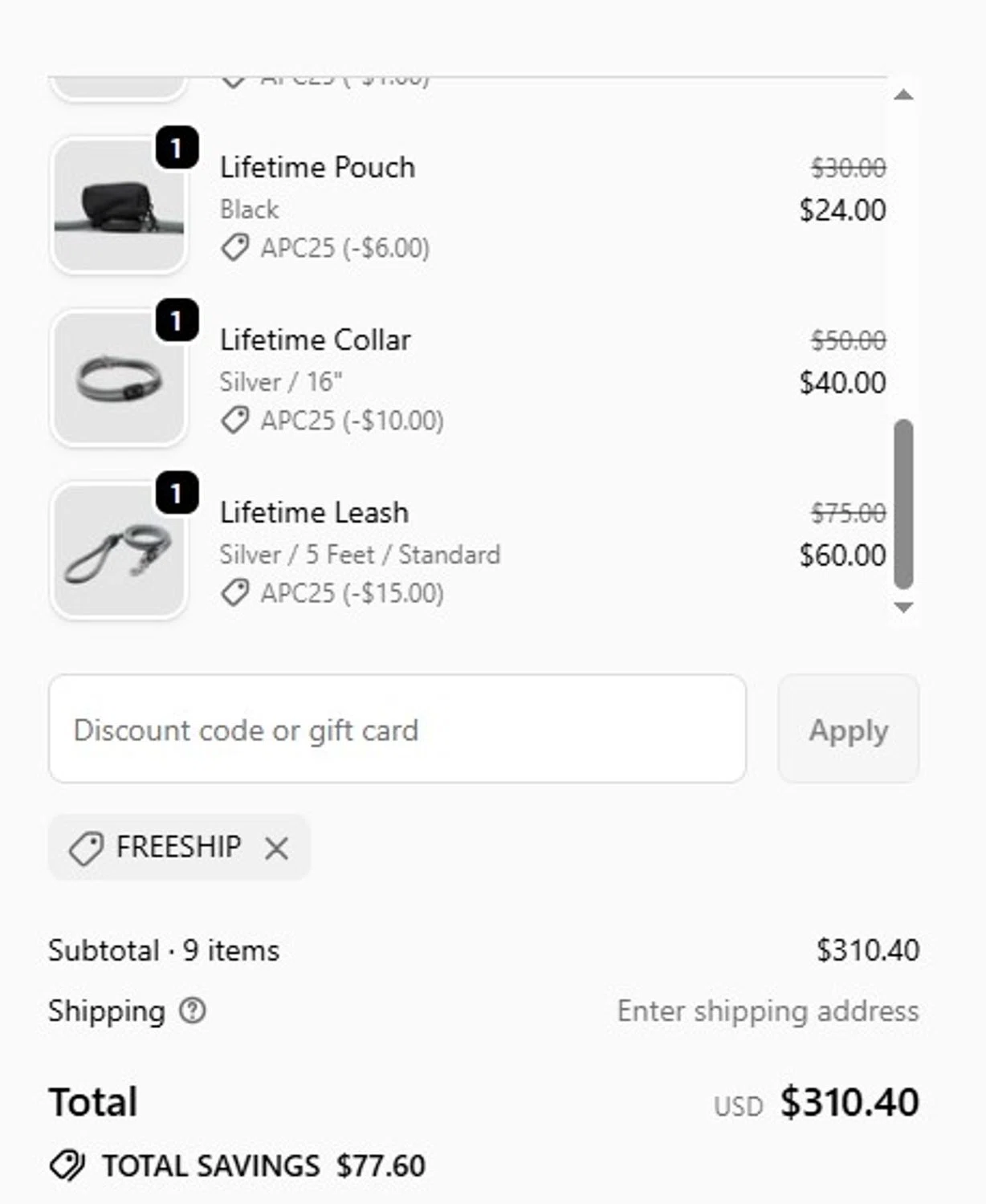 Atlas Pet Company discount code screenshot showing code FREESHIP applied at Atlas Pet Company checkout page. Uploaded by SimplyCodes community member MoneyFalcon5538 on Nov 17, 2025