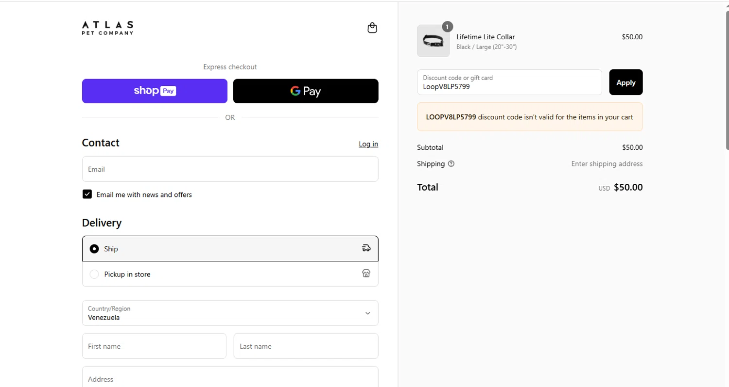 Atlas Pet Company discount code screenshot showing code LoopV8LP5799 applied at Atlas Pet Company checkout page. Uploaded by SimplyCodes community member Juan_collug on May 23, 2025