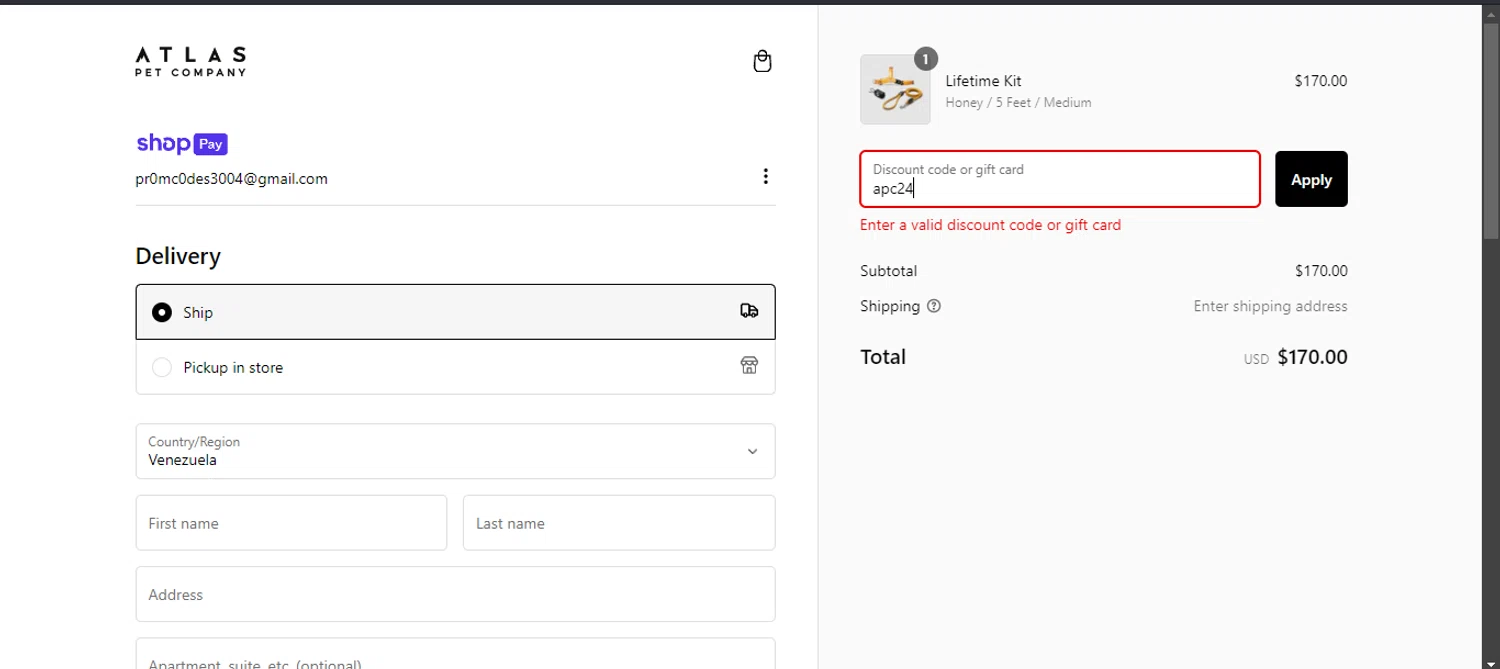 Atlas Pet Company discount code screenshot showing code apc24 applied at Atlas Pet Company checkout page. Uploaded by SimplyCodes community member fiadaz on Feb 24, 2025