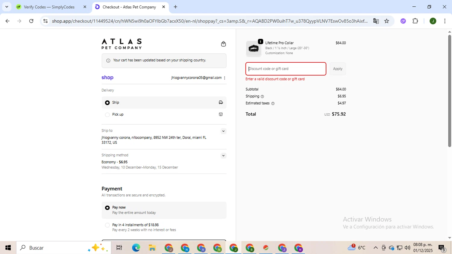 Atlas Pet Company discount code screenshot showing code APC25 applied at Atlas Pet Company checkout page. Uploaded by SimplyCodes community member CleverSeeker3529 on Dec 2, 2025