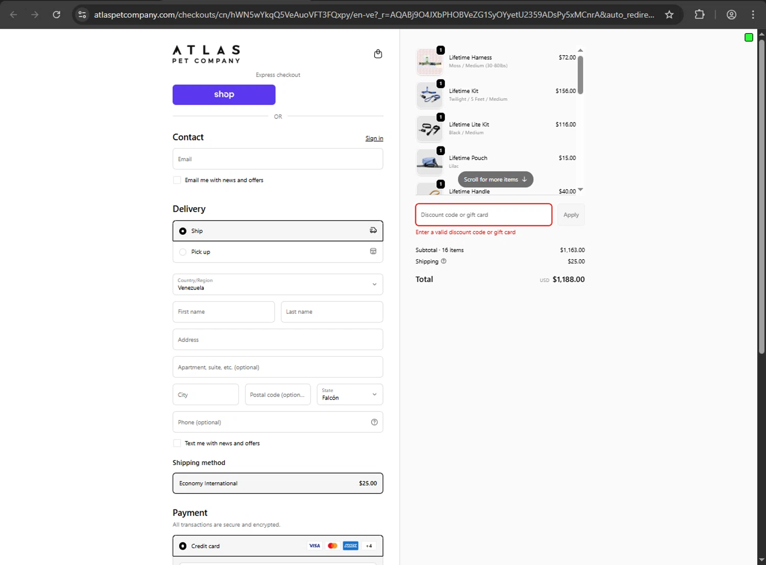Atlas Pet Company discount code screenshot showing code APC25 applied at Atlas Pet Company checkout page. Uploaded by SimplyCodes community member QuestScholar1789 on Dec 1, 2025