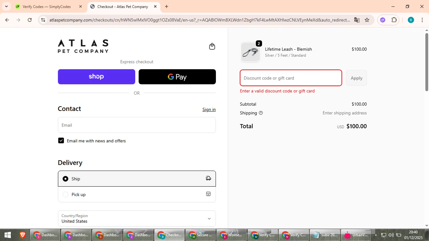 Atlas Pet Company discount code screenshot showing code APC25 applied at Atlas Pet Company checkout page. Uploaded by SimplyCodes community member QuestScholar5572 on Dec 2, 2025