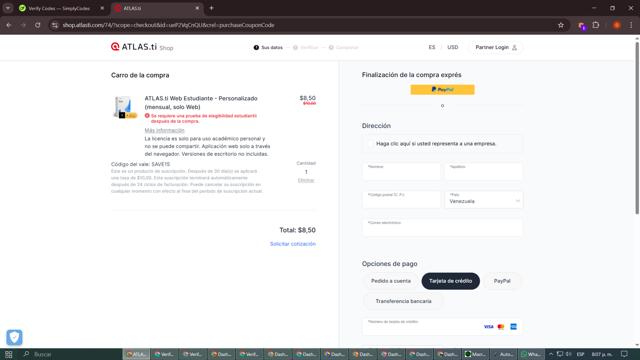 ATLAS.ti checkout page showing ATLAS.ti promo code box | Screenshot taken by SimplyCodes community member on Mar 13, 2025