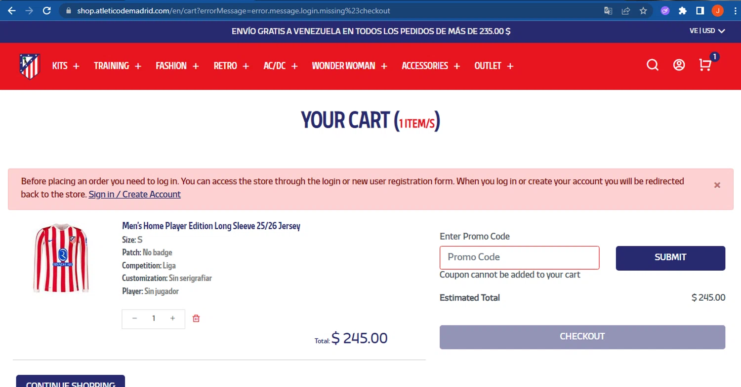 Atletico de Madrid promo code screenshot showing code ATMTRAINING applied at Atletico de Madrid checkout page. Uploaded by SimplyCodes community member FranquizJoel on Aug 24, 2025