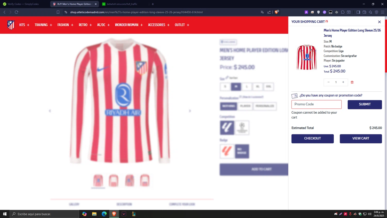Atletico de Madrid promo code screenshot showing code ATMTRAINING applied at Atletico de Madrid checkout page. Uploaded by SimplyCodes community member Tragedy on Aug 24, 2025