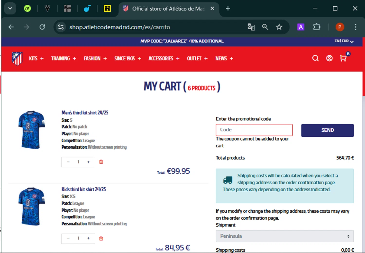 Atletico de Madrid promo code screenshot showing code ATMGAMA30 applied at Atletico de Madrid checkout page. Uploaded by SimplyCodes community member Isabelle_adjanichamber on Jan 23, 2025