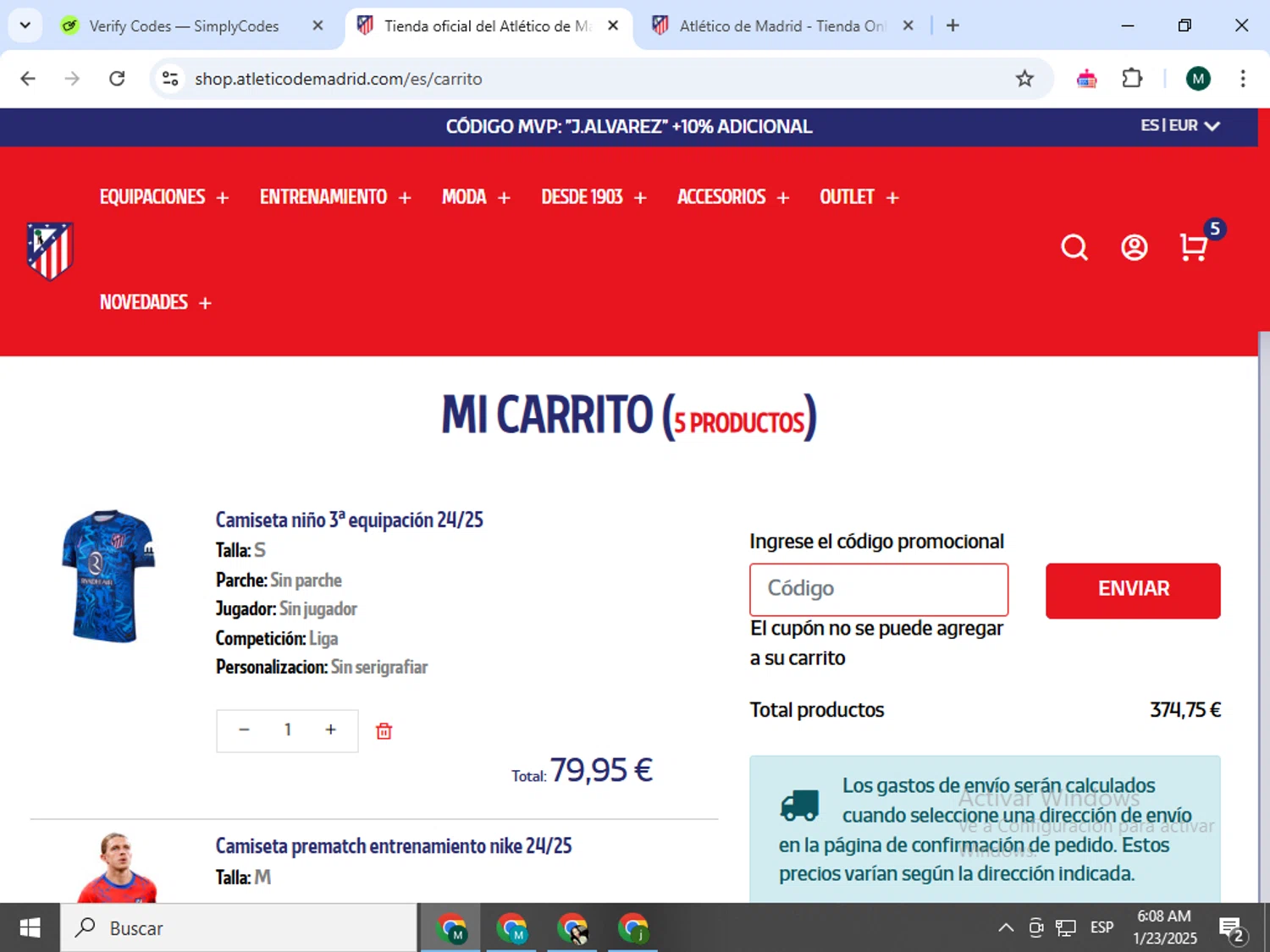 Atletico de Madrid promo code screenshot showing code ATMGAMA30 applied at Atletico de Madrid checkout page. Uploaded by SimplyCodes community member Jorgeluisvera on Jan 23, 2025