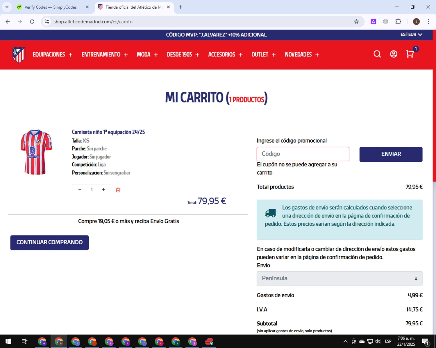 Atletico de Madrid promo code screenshot showing code ATMGAMA30 applied at Atletico de Madrid checkout page. Uploaded by SimplyCodes community member BonusGuardian1649 on Jan 23, 2025