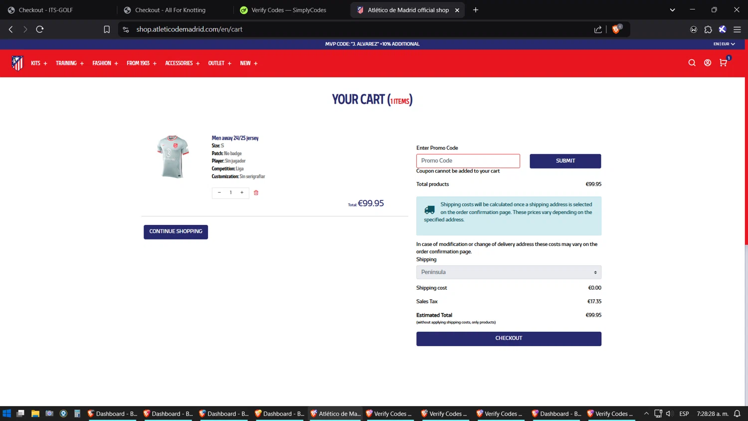 Atletico de Madrid promo code screenshot showing code ATM25 applied at Atletico de Madrid checkout page. Uploaded by SimplyCodes community member SoulPower on Jan 23, 2025