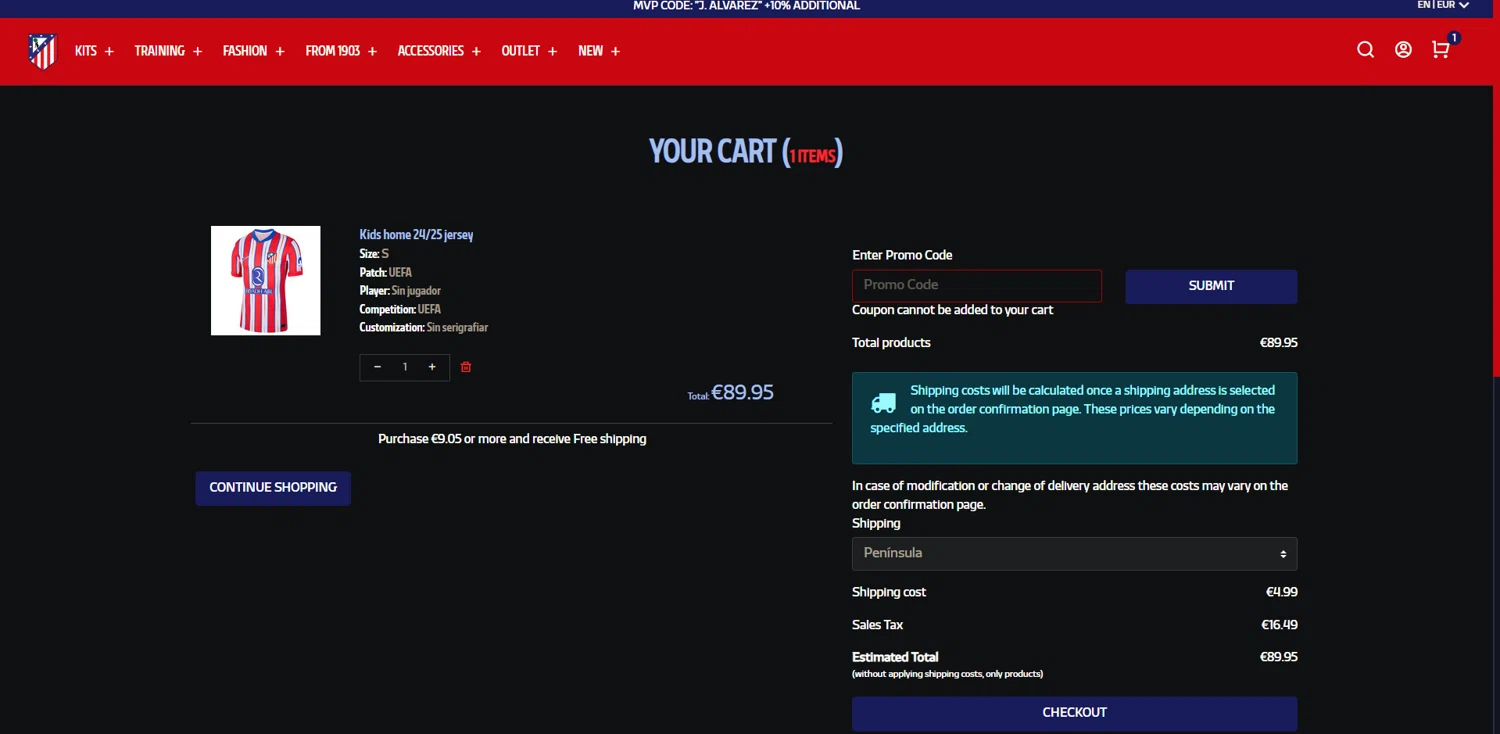 Atletico de Madrid promo code screenshot showing code ATM25 applied at Atletico de Madrid checkout page. Uploaded by SimplyCodes community member Geran369 on Jan 23, 2025