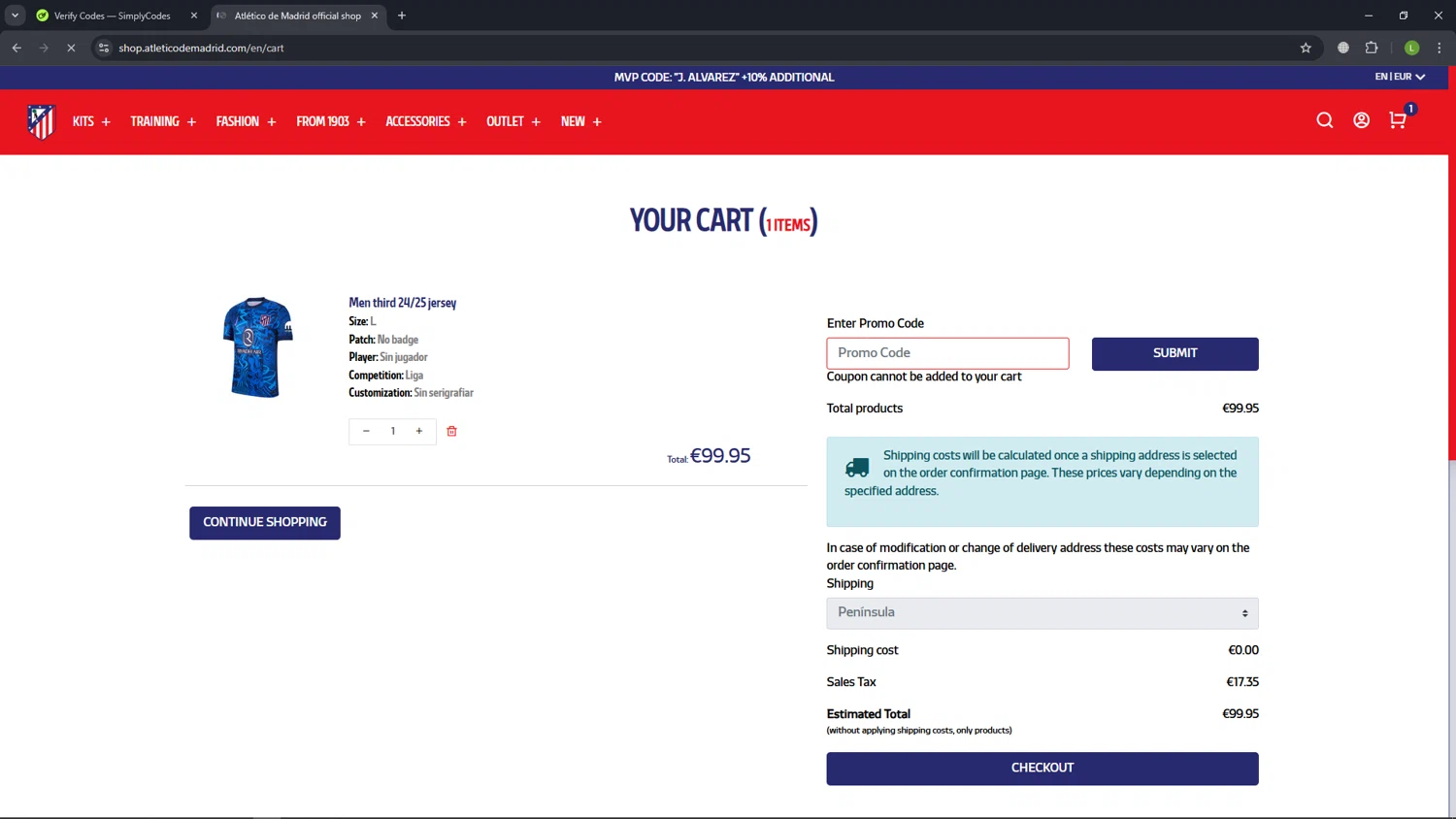 Atletico de Madrid promo code screenshot showing code ATM25 applied at Atletico de Madrid checkout page. Uploaded by SimplyCodes community member VoucherGenius8367 on Jan 23, 2025