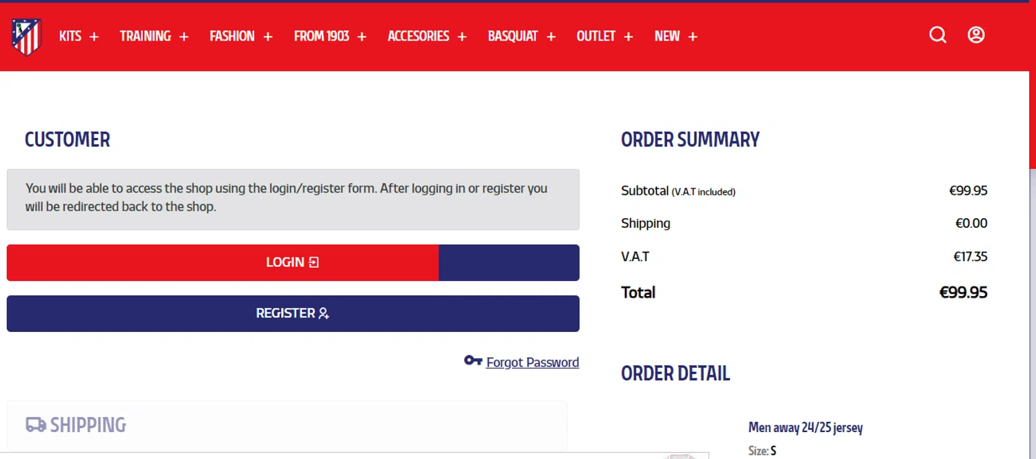 Atletico de Madrid checkout page showing Atletico de Madrid promo code box | Screenshot taken by SimplyCodes community member on Dec 12, 2024