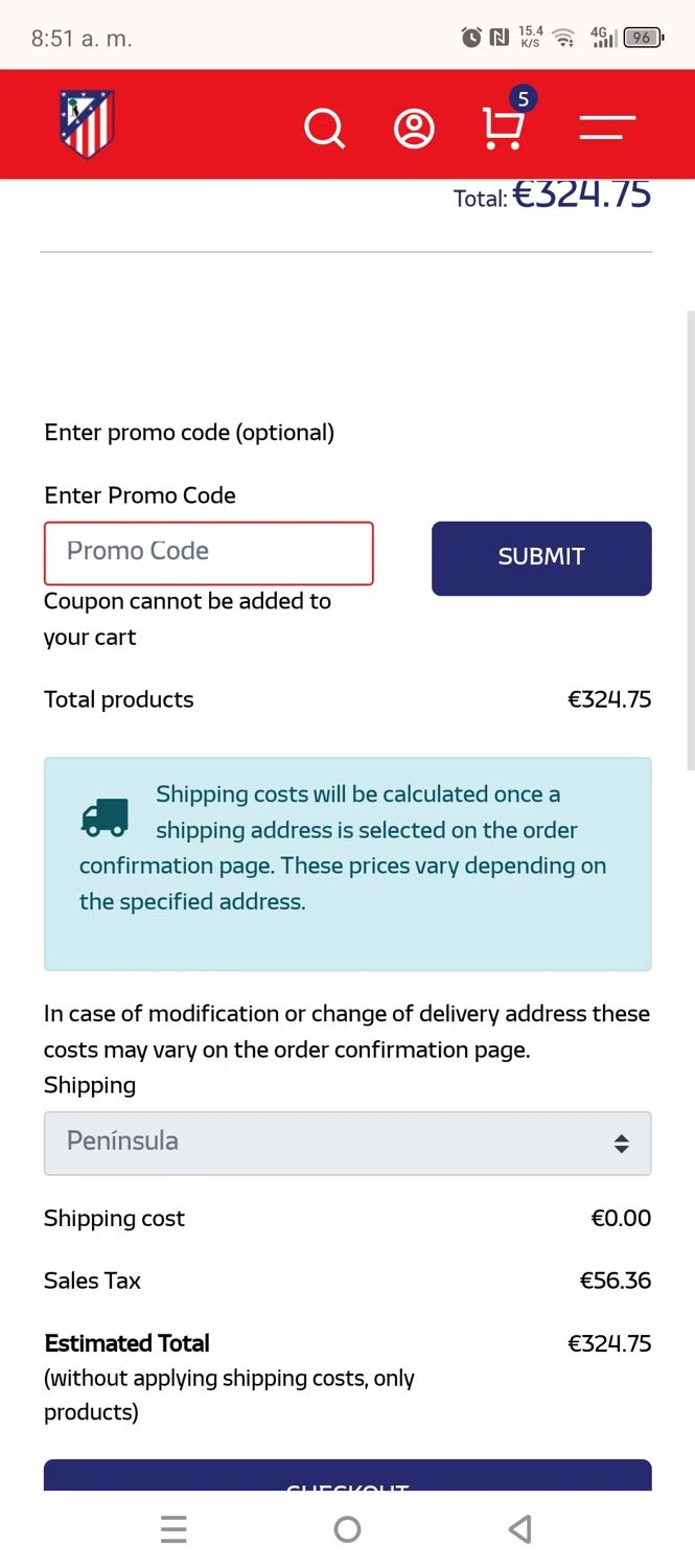 Atletico de Madrid checkout page showing Atletico de Madrid promo code box | Screenshot taken by SimplyCodes community member on Dec 19, 2024