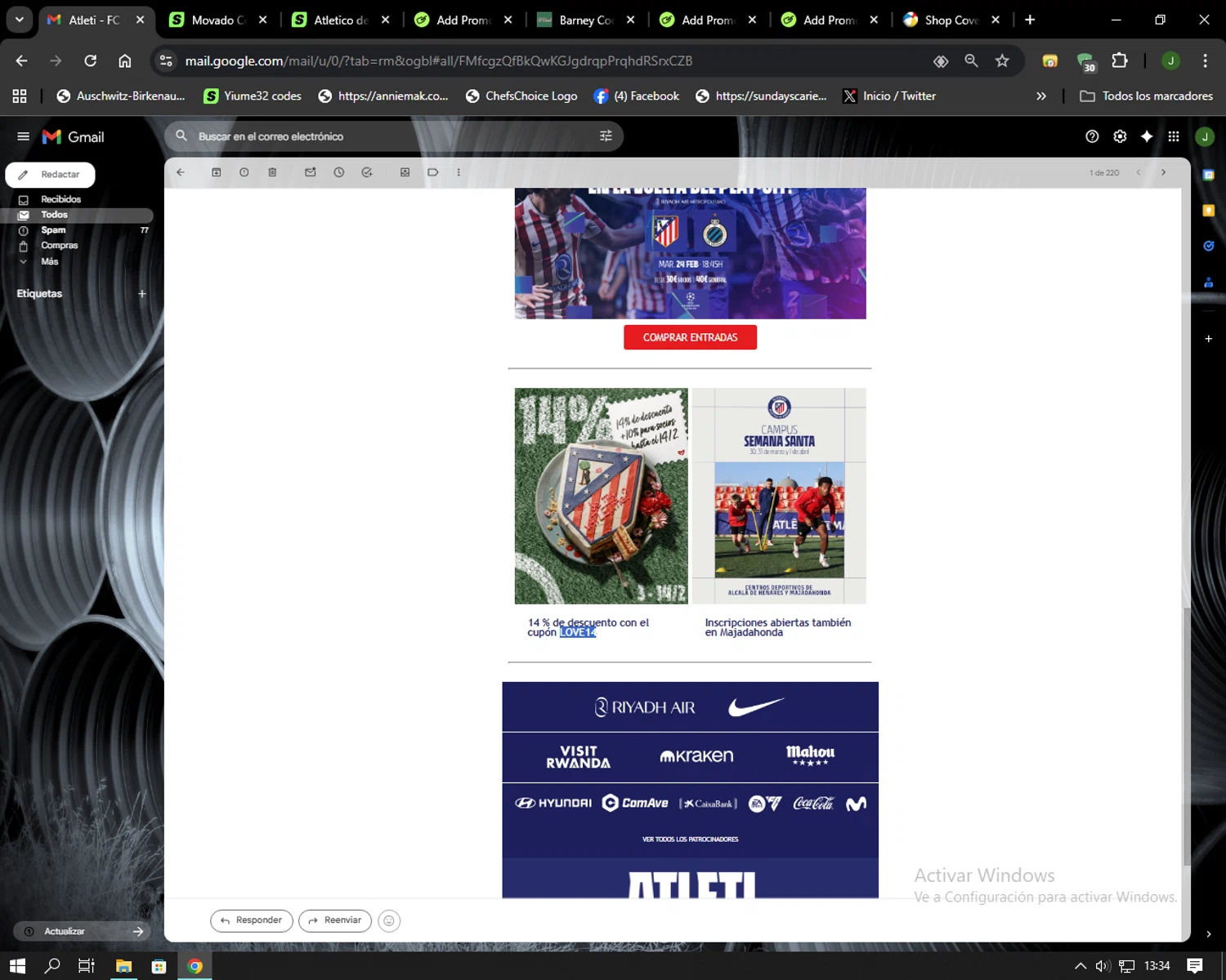 Atletico de Madrid promo code screenshot showing code LOVE14 applied at Atletico de Madrid checkout page. Uploaded by SimplyCodes community member Codehunter on Feb 11, 2026