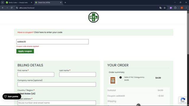 ATL Rx checkout page showing ATL Rx promo code box | Screenshot taken by SimplyCodes community member on Jun 7, 2025