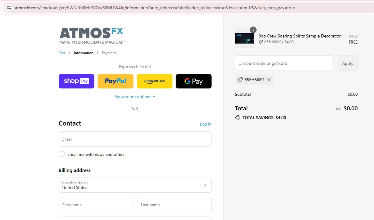 AtmosFX discount code screenshot showing code 855H668G applied at AtmosFX checkout page. Uploaded by SimplyCodes community member Teamgorila on Aug 11, 2025