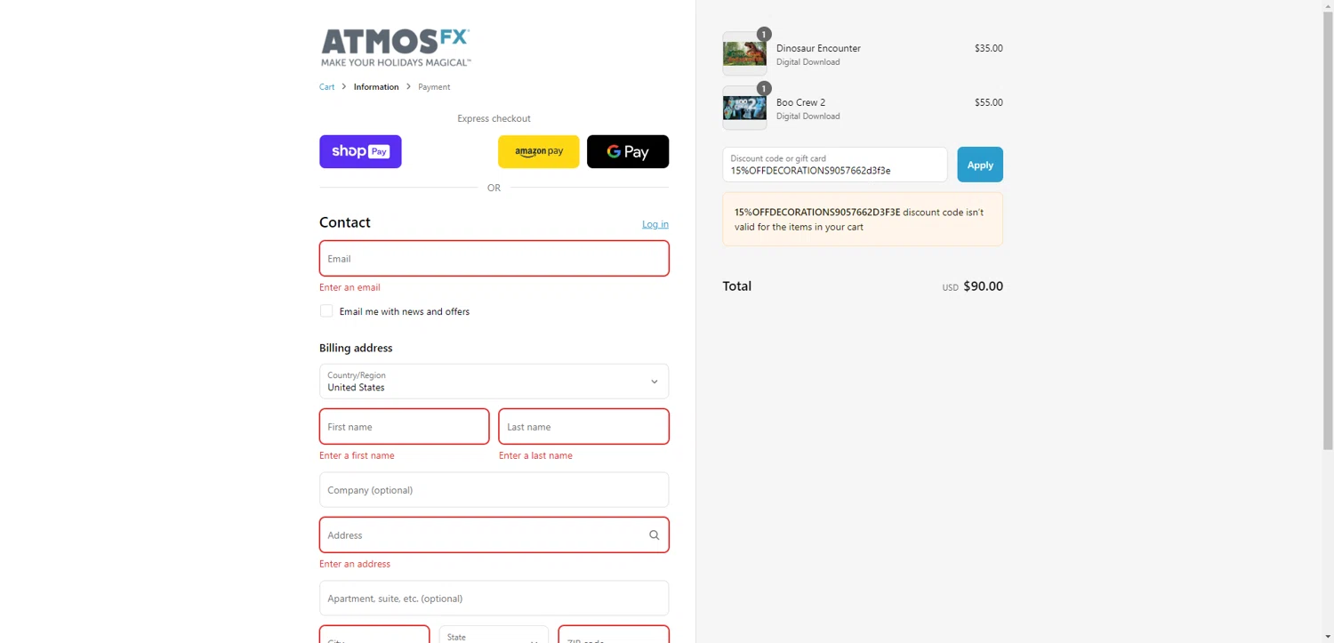AtmosFX discount code screenshot showing code 15%OFFDECORATIONS9057662d3f3e applied at AtmosFX checkout page. Uploaded by SimplyCodes community member CodeGuardian5312 on Aug 18, 2025