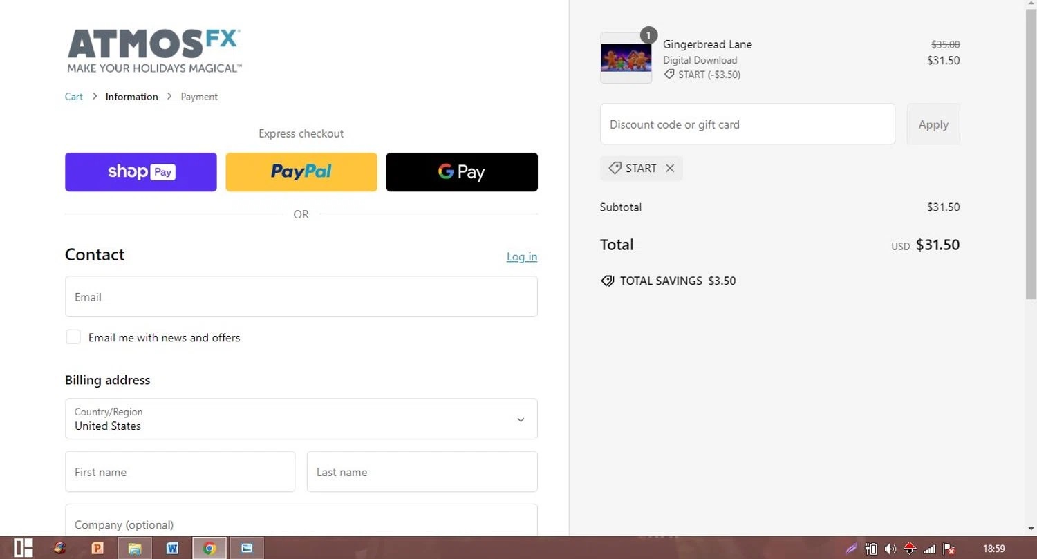 AtmosFX discount code screenshot showing code START applied at AtmosFX checkout page. Uploaded by SimplyCodes community member Patobel on Feb 16, 2025
