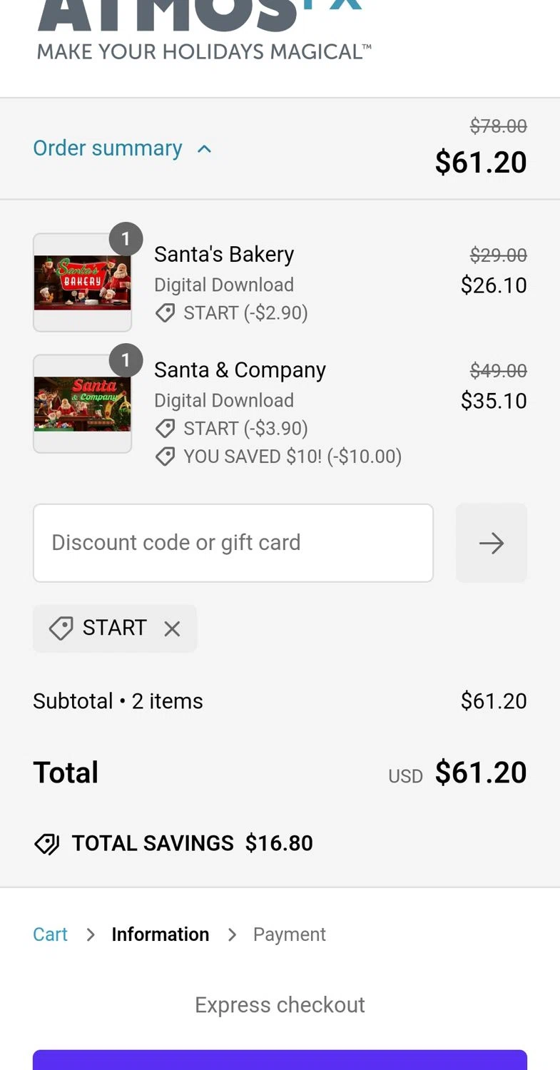 AtmosFX discount code screenshot showing code START applied at AtmosFX checkout page. Uploaded by SimplyCodes community member jhonaikellgonzalez on Jan 28, 2025