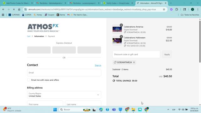 AtmosFX checkout page showing AtmosFX discount code box | Screenshot taken by SimplyCodes community member on Sep 10, 2025
