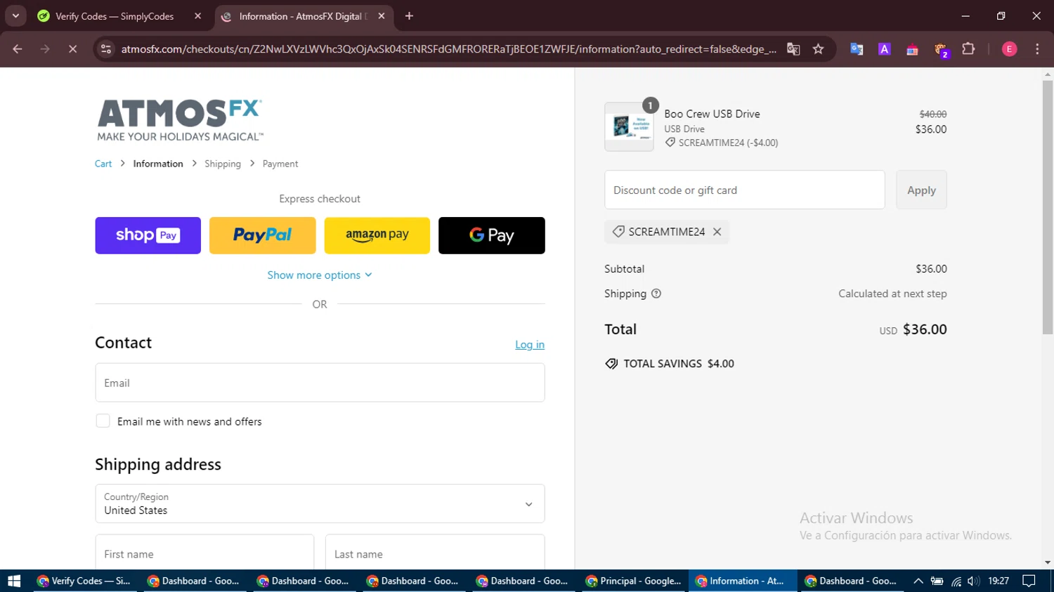AtmosFX discount code screenshot showing code SCREAMTIME24 applied at AtmosFX checkout page. Uploaded by SimplyCodes community member MightyNavigator742 on Feb 16, 2025