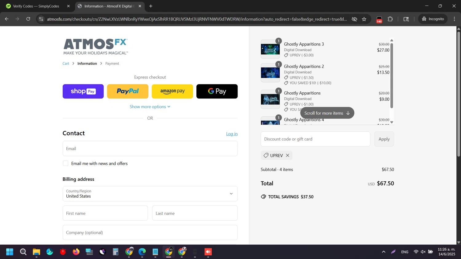 AtmosFX discount code screenshot showing code UPREV applied at AtmosFX checkout page. Uploaded by SimplyCodes community member SilverAdmiral2559 on Jun 14, 2025