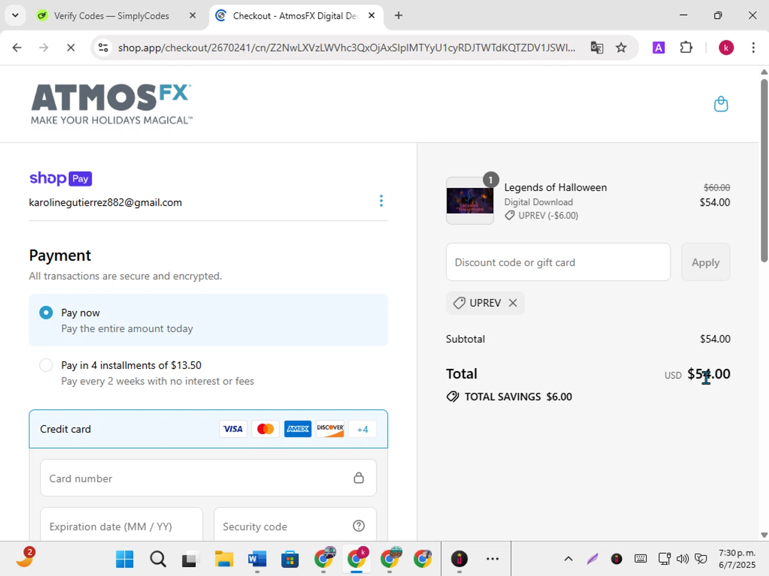 AtmosFX discount code screenshot showing code UPREV applied at AtmosFX checkout page. Uploaded by SimplyCodes community member karoline on Jul 6, 2025