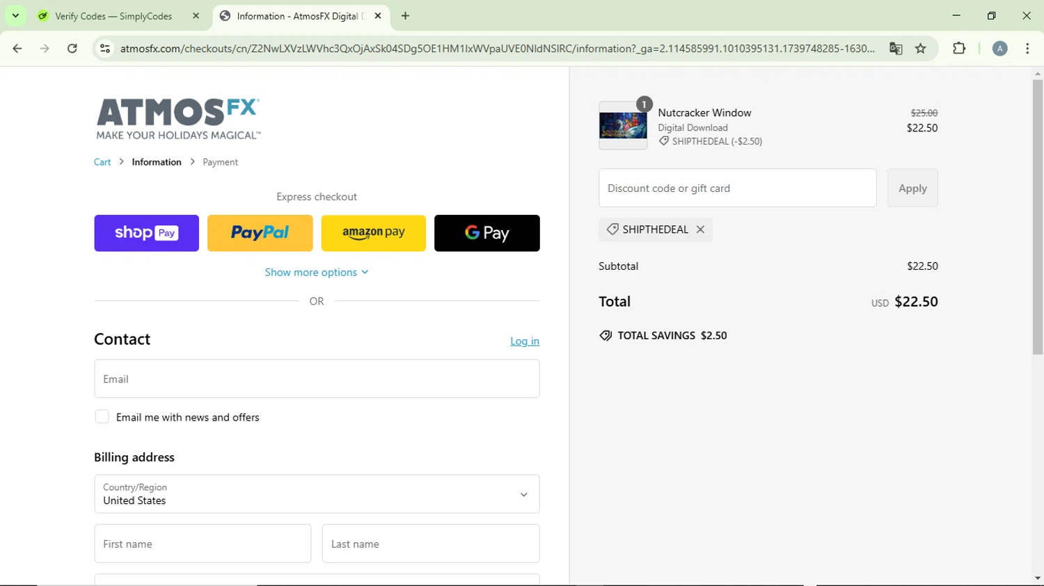 AtmosFX discount code screenshot showing code SHIPTHEDEAL applied at AtmosFX checkout page. Uploaded by SimplyCodes community member DiscountVirtuoso6243 on Feb 16, 2025