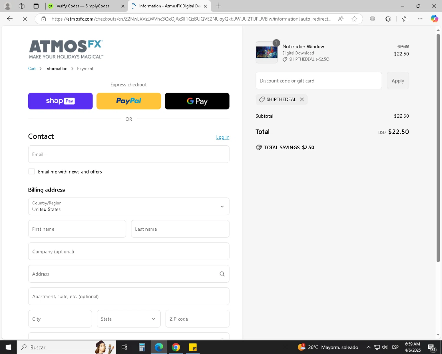 AtmosFX discount code screenshot showing code SHIPTHEDEAL applied at AtmosFX checkout page. Uploaded by SimplyCodes community member jechtff10 on Apr 6, 2025