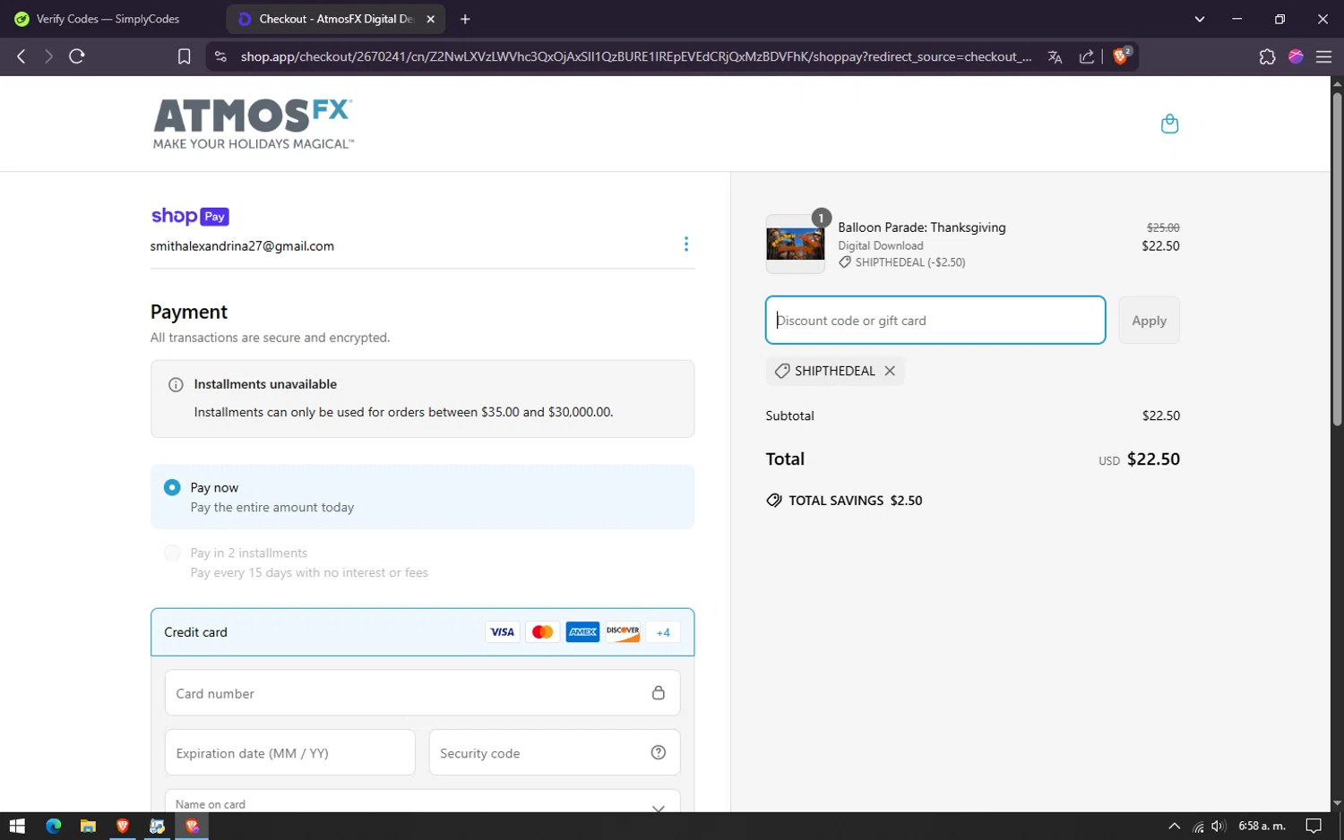 AtmosFX discount code screenshot showing code SHIPTHEDEAL applied at AtmosFX checkout page. Uploaded by SimplyCodes community member lareinadecupones on Apr 6, 2025