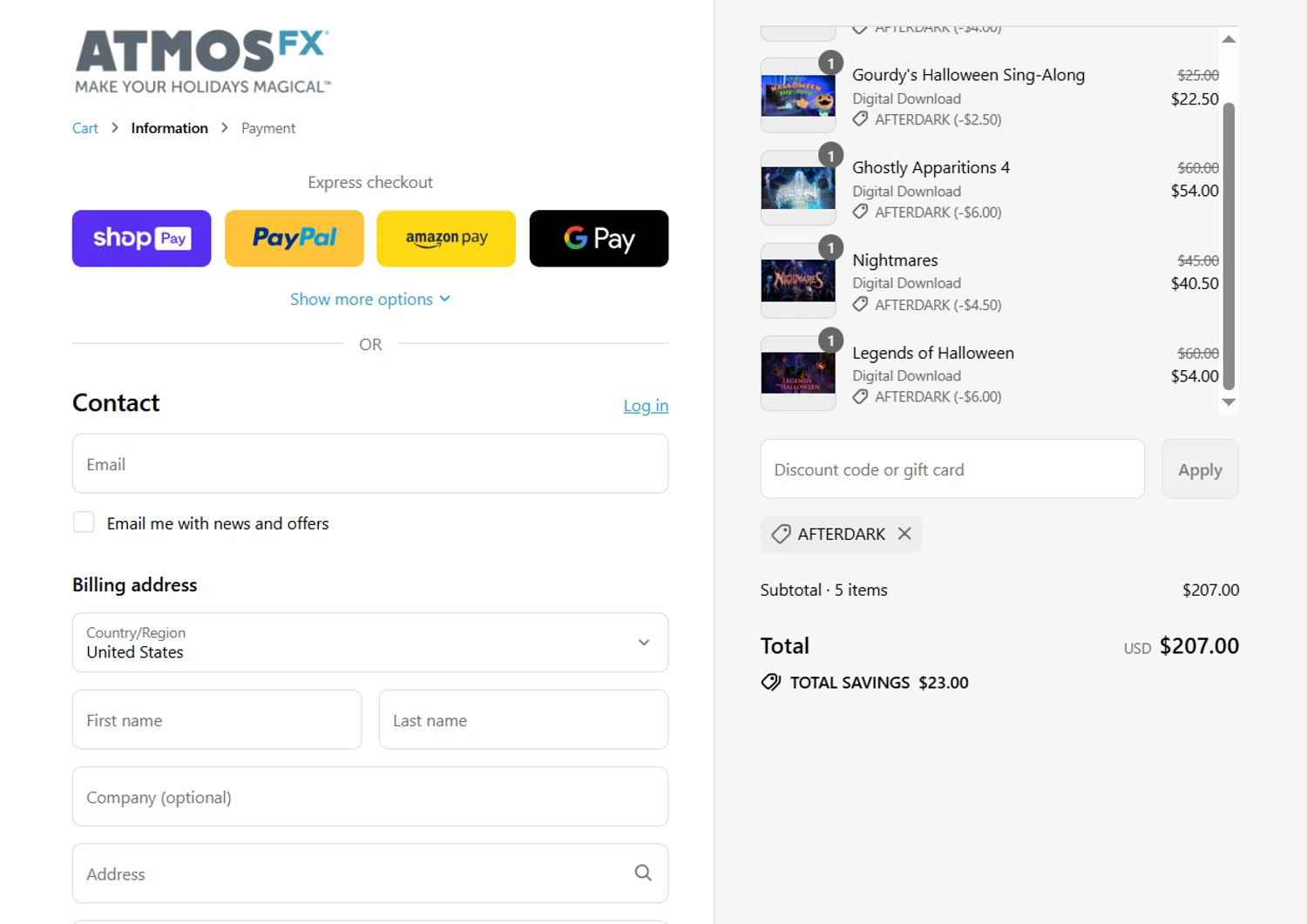 AtmosFX discount code screenshot showing code AFTERDARK applied at AtmosFX checkout page. Uploaded by SimplyCodes community member CoinWhiz6239 on Jul 7, 2025