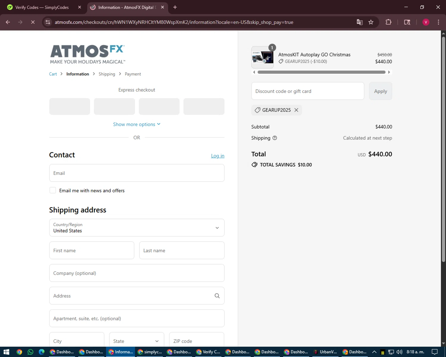 AtmosFX discount code screenshot showing code GEARUP2025 applied at AtmosFX checkout page. Uploaded by SimplyCodes community member ShieldEagle6102 on Aug 7, 2025