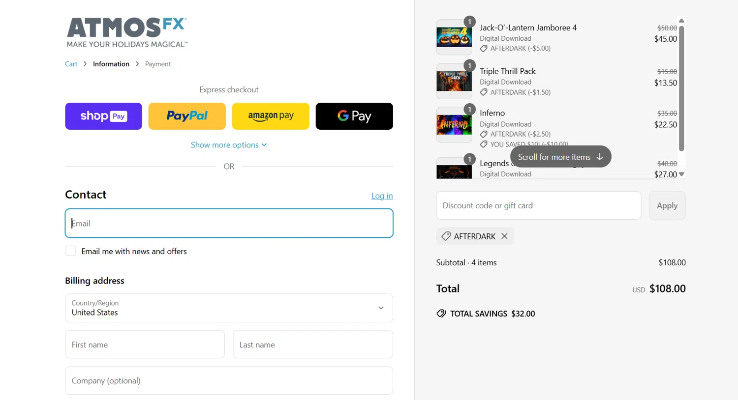 AtmosFX discount code screenshot showing code AFTERDARK applied at AtmosFX checkout page. Uploaded by SimplyCodes community member jade5416625024720 on Jun 18, 2025