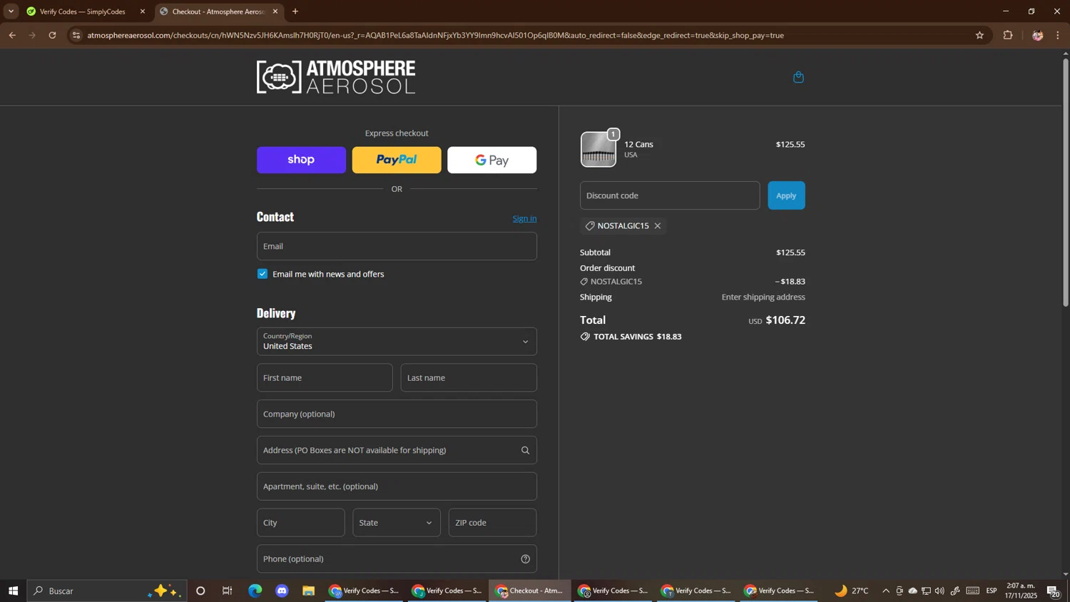 Atmosphere Aerosol discount code screenshot showing code NOSTALGIC15 applied at Atmosphere Aerosol checkout page. Uploaded by SimplyCodes community member El_mynor on Nov 17, 2025
