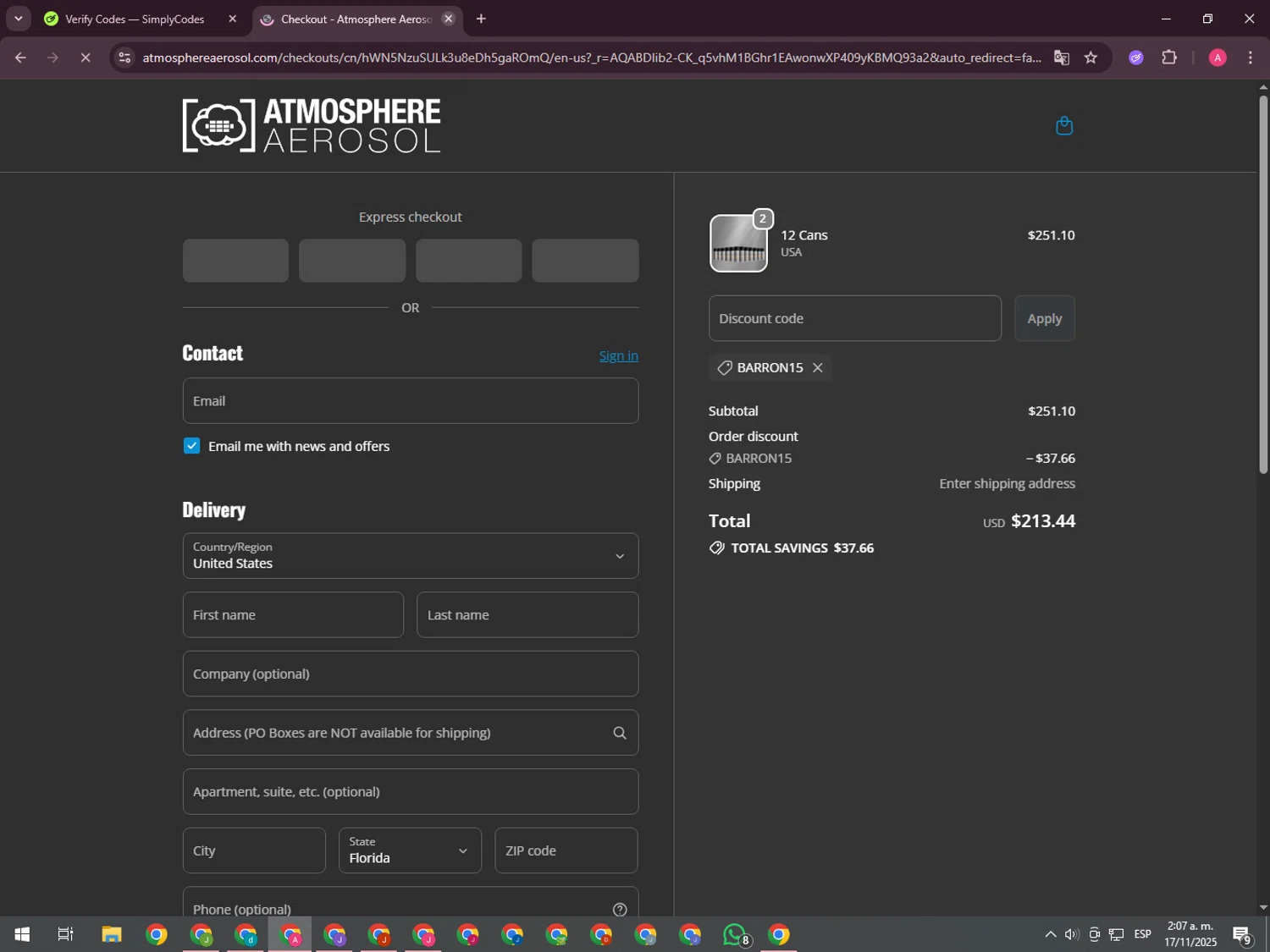 Atmosphere Aerosol discount code screenshot showing code BARRON15 applied at Atmosphere Aerosol checkout page. Uploaded by SimplyCodes community member CrownHawk3462 on Nov 17, 2025