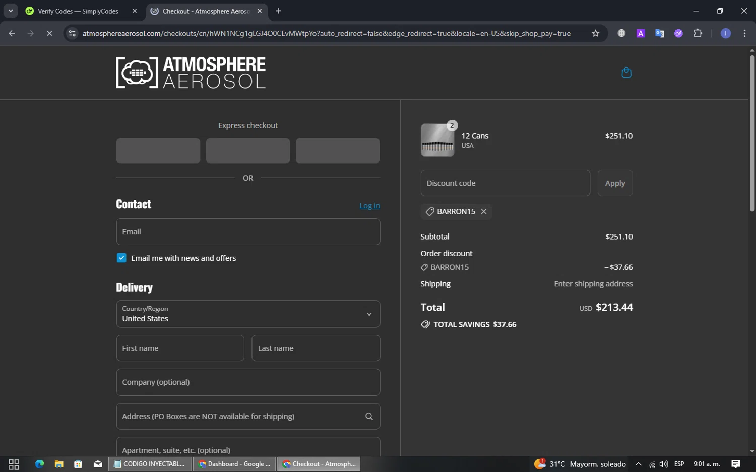 Atmosphere Aerosol discount code screenshot showing code BARRON15 applied at Atmosphere Aerosol checkout page. Uploaded by SimplyCodes community member DennyG on Aug 3, 2025