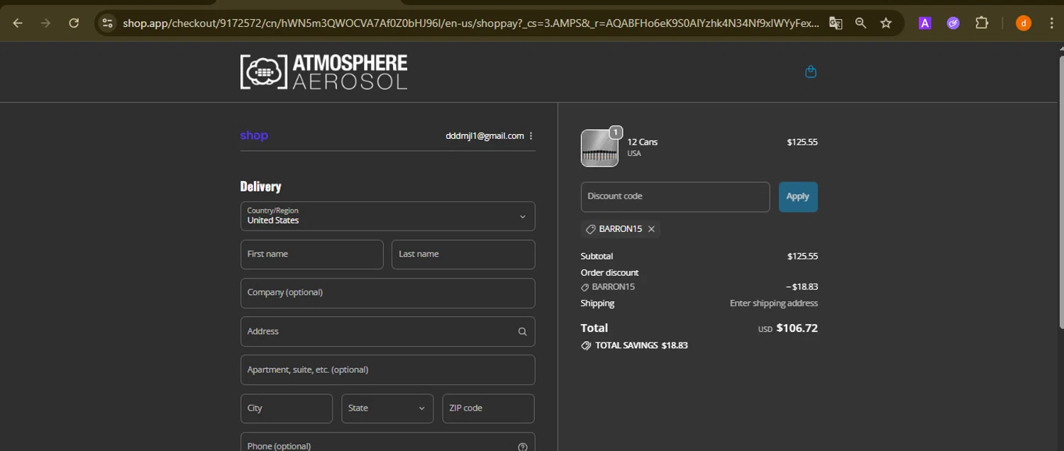 Atmosphere Aerosol discount code screenshot showing code BARRON15 applied at Atmosphere Aerosol checkout page. Uploaded by SimplyCodes community member PennyAdmiral6960 on Nov 27, 2025