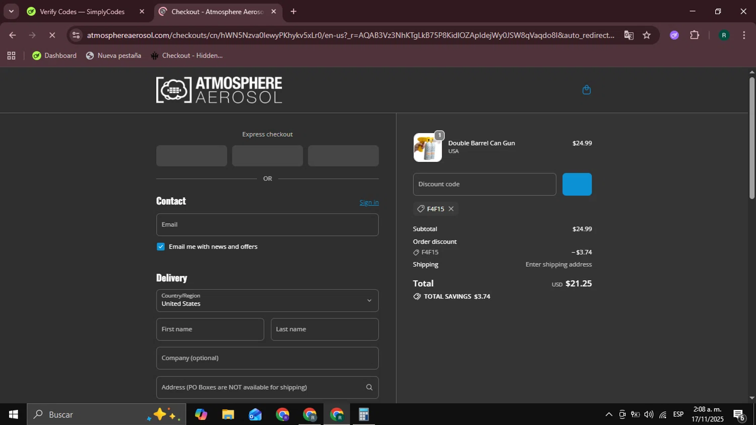 Atmosphere Aerosol discount code screenshot showing code F4F15 applied at Atmosphere Aerosol checkout page. Uploaded by SimplyCodes community member Coneflavols on Nov 17, 2025