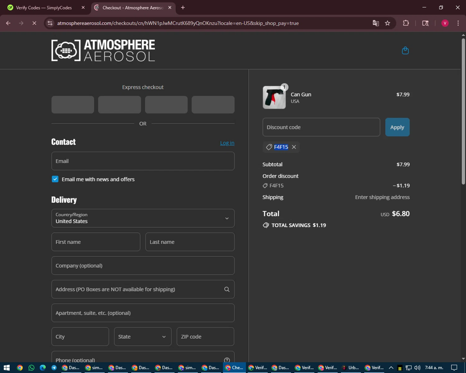 Atmosphere Aerosol discount code screenshot showing code F4F15 applied at Atmosphere Aerosol checkout page. Uploaded by SimplyCodes community member ShieldEagle6102 on Aug 15, 2025
