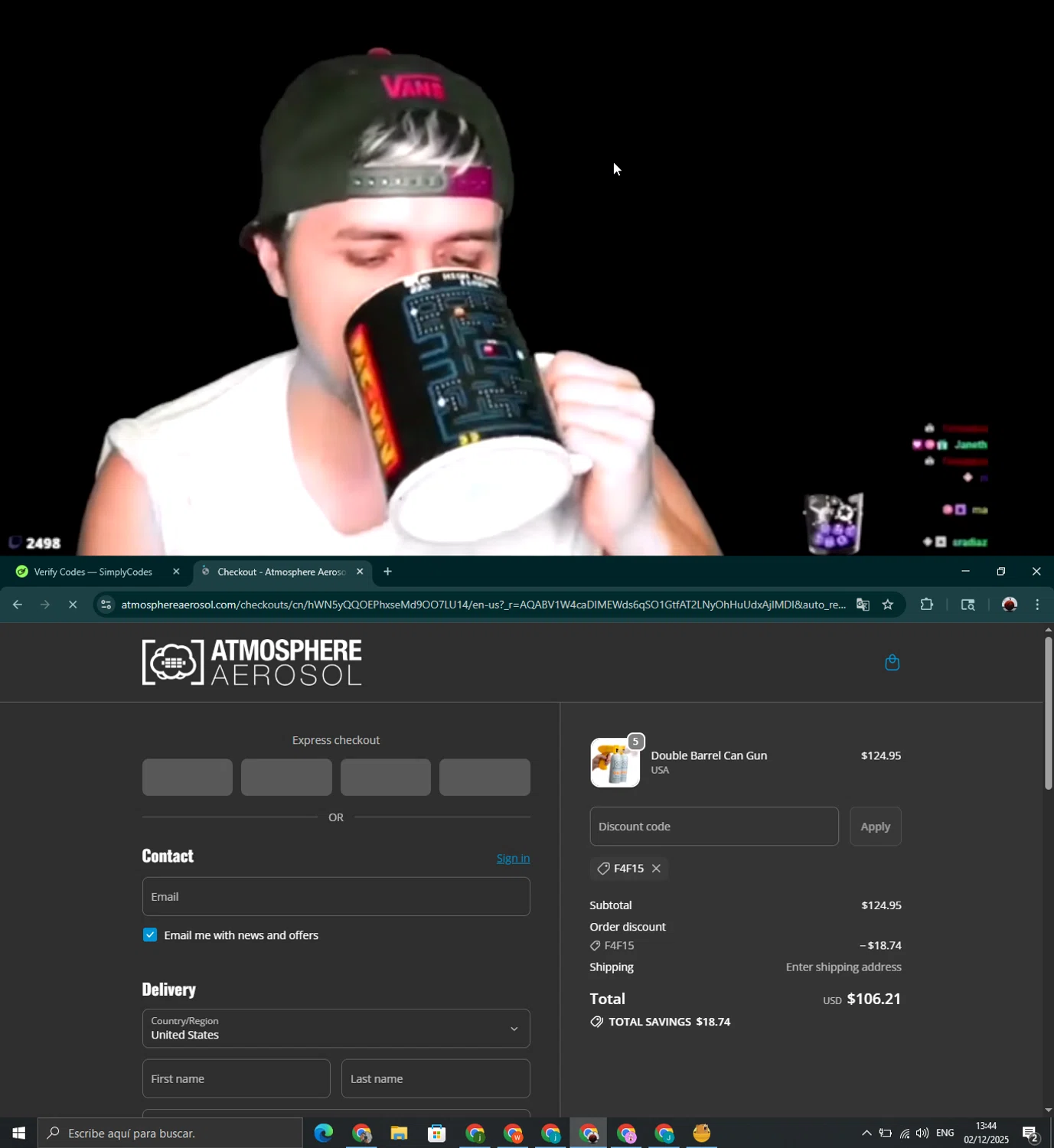 Atmosphere Aerosol discount code screenshot showing code F4F15 applied at Atmosphere Aerosol checkout page. Uploaded by SimplyCodes community member youngonzalo on Dec 2, 2025