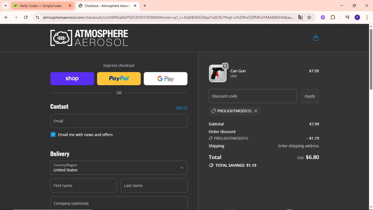 Atmosphere Aerosol discount code screenshot showing code PROLIGHTMODS15 applied at Atmosphere Aerosol checkout page. Uploaded by SimplyCodes community member MightyCaptain635 on Nov 22, 2025
