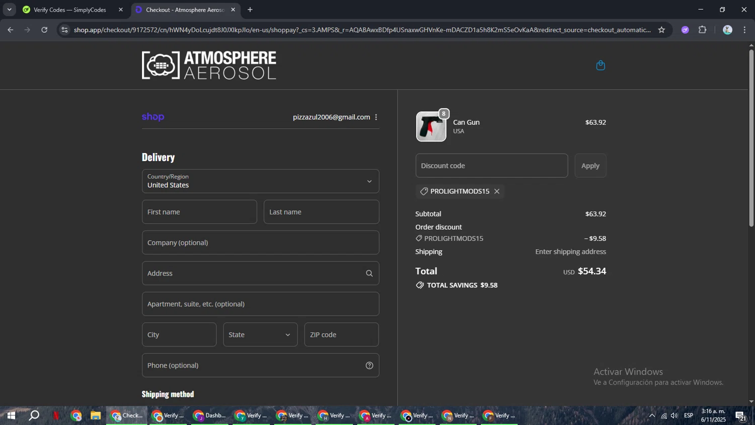 Atmosphere Aerosol discount code screenshot showing code PROLIGHTMODS15 applied at Atmosphere Aerosol checkout page. Uploaded by SimplyCodes community member ShrewdSeeker6165 on Nov 6, 2025
