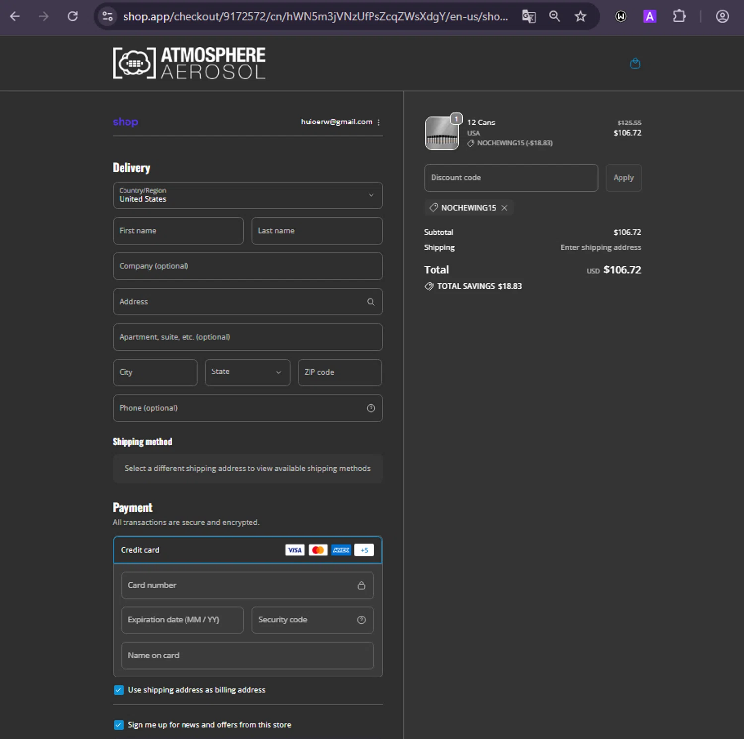 Atmosphere Aerosol discount code screenshot showing code NOCHEWING15 applied at Atmosphere Aerosol checkout page. Uploaded by SimplyCodes community member ivanguere on Nov 27, 2025